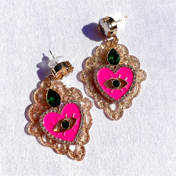 Pink Enamel Heart Earrings Green Amber Rhinestone Gold Drop Sparkly Statement - Picture 4 of 6